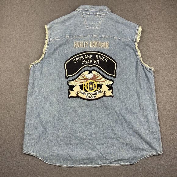 Harley Davidson Denim Jean Vest Mens 3XL Motorcycle Embroidered Logo Spokane - Picture 9 of 9